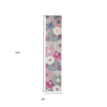 10' Gray And Pink Floral Runner Rug