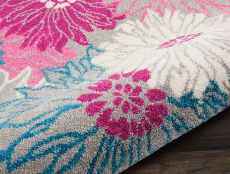 8' Gray And Pink Floral Runner Rug