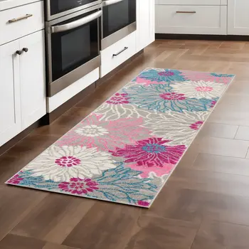 8' Gray And Pink Floral Runner Rug