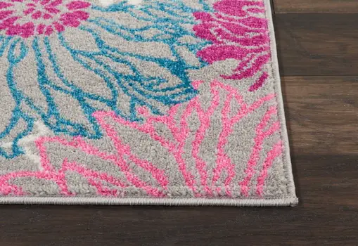 8' Gray And Pink Floral Runner Rug