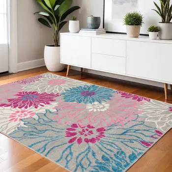 4' X 6' Gray And Pink Floral Area Rug