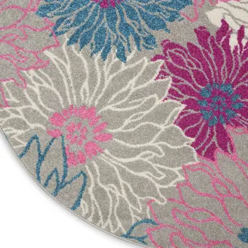 4' Gray And Pink Floral Round Rug