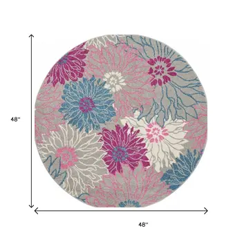 4' Gray And Pink Floral Round Rug