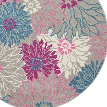 4' Gray And Pink Floral Round Rug