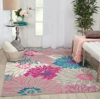 5' X 7' Gray And Pink Floral Area Rug
