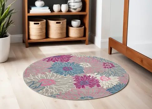 5' Gray And Pink Floral Round Rug