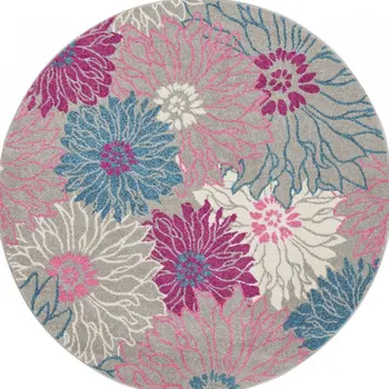 5' Gray And Pink Floral Round Rug
