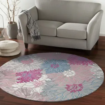 8' Gray And Pink Floral Round Rug