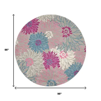 8' Gray And Pink Floral Round Rug