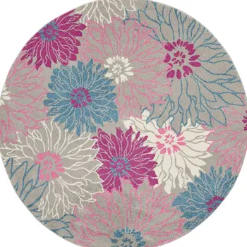 8' Gray And Pink Floral Round Rug