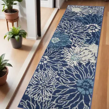 6' Blue And Ivory Floral Runner Rug