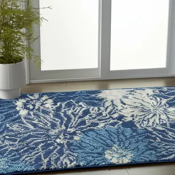 6' Blue And Ivory Floral Runner Rug