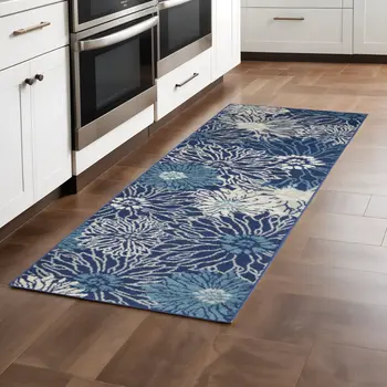 8' Blue And Ivory Floral Runner Rug