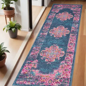 6' Blue And Pink Medallion Distressed Runner Rug