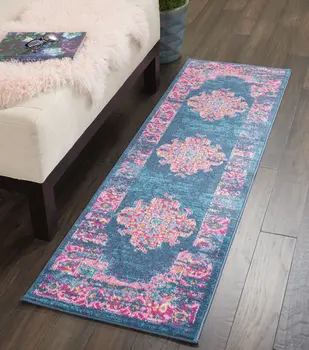6' Blue And Pink Medallion Distressed Runner Rug