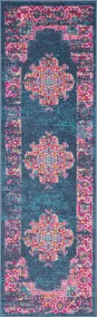 6' Blue And Pink Medallion Distressed Runner Rug