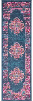 6' Blue And Pink Medallion Distressed Runner Rug