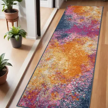 6' Blue And Orange Abstract Runner Rug