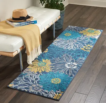 6' Blue And Gold Floral Runner Rug