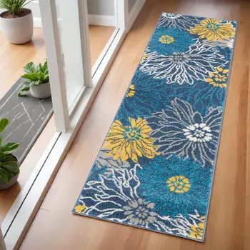 6' Blue And Gold Floral Runner Rug