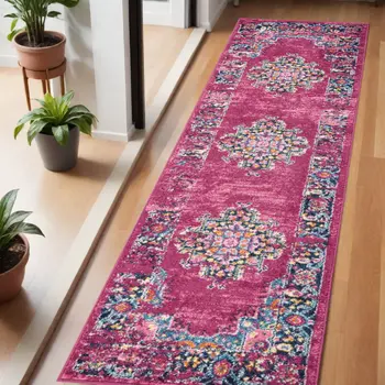 6' Fuchsia And Blue Oriental Distressed Runner Rug