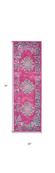6' Fuchsia And Blue Oriental Distressed Runner Rug
