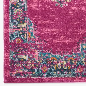 6' Fuchsia And Blue Oriental Distressed Runner Rug