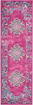 6' Fuchsia And Blue Oriental Distressed Runner Rug