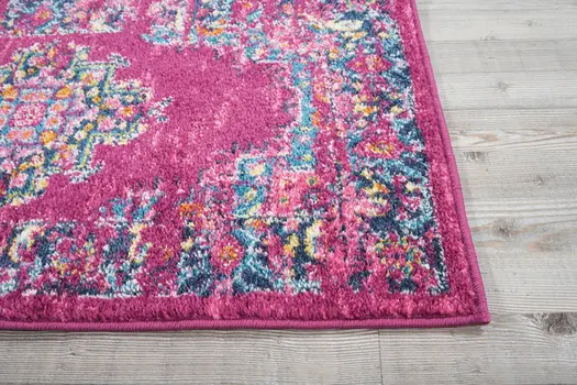 6' Fuchsia And Blue Oriental Distressed Runner Rug