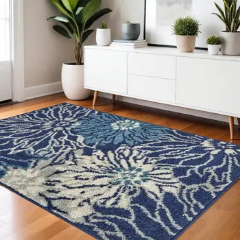 4' X 6' Blue And Ivory Floral Area Rug