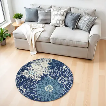 4' Blue And Ivory Floral Round Rug