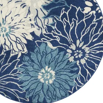 5' Blue And Ivory Floral Round Rug
