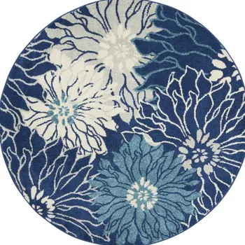 5' Blue And Ivory Floral Round Rug