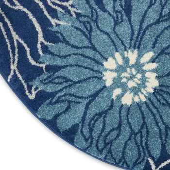 5' Blue And Ivory Floral Round Rug