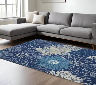 7' X 10' Blue And Ivory Floral Area Rug