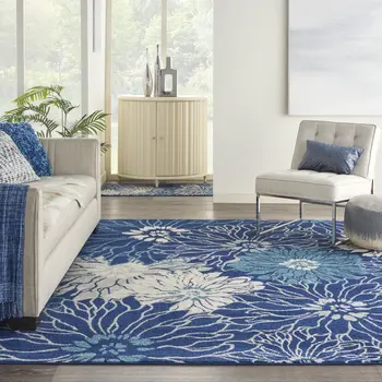 8' X 10' Blue And Ivory Floral Area Rug