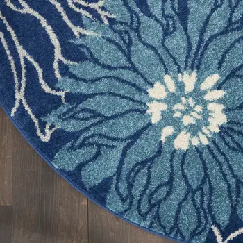 8' Blue And Ivory Floral Round Rug