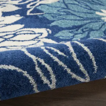 8' Blue And Ivory Floral Round Rug