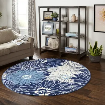 8' Blue And Ivory Floral Round Rug