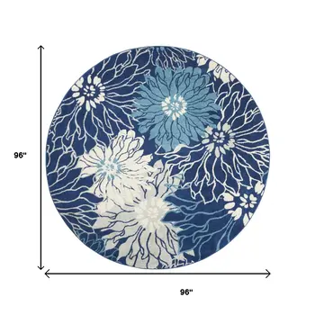 8' Blue And Ivory Floral Round Rug