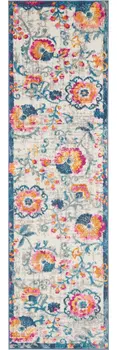 8' Ivory And Blue Floral Runner Rug