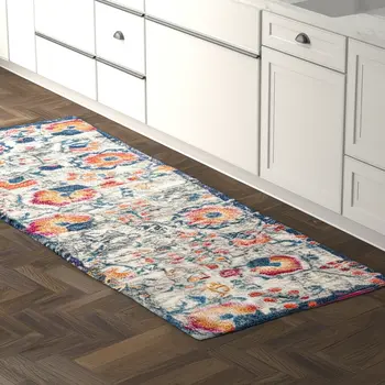 8' Ivory And Blue Floral Runner Rug