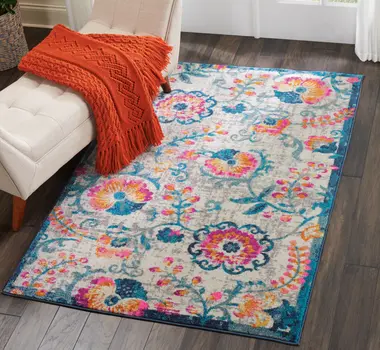 4' X 6' Ivory And Blue Floral Area Rug