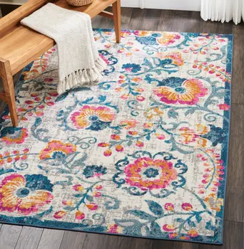 5' X 7' Ivory And Blue Floral Area Rug