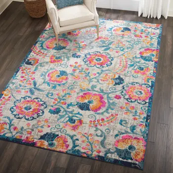7' X 10' Ivory And Blue Floral Area Rug
