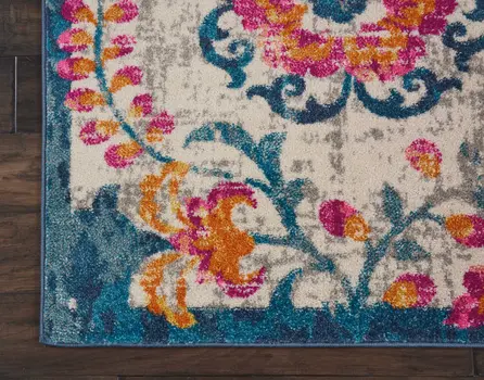 7' X 10' Ivory And Blue Floral Area Rug