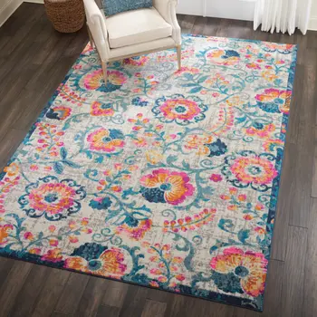 7' X 10' Ivory And Blue Floral Area Rug