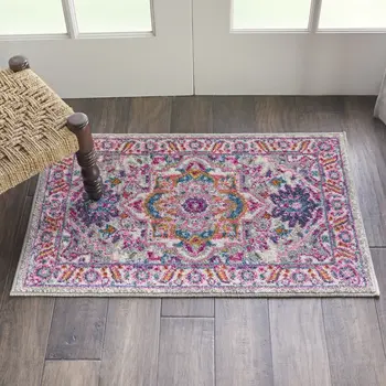 2' X 3' Light Gray And Pink Medallion Area Rug