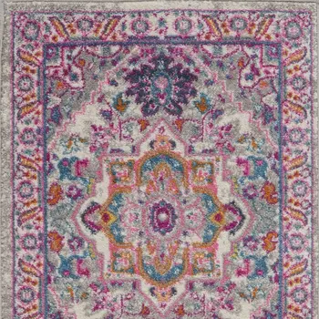 10' Light Gray And Pink Medallion Runner Rug