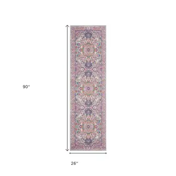 8' Light Gray And Pink Medallion Runner Rug